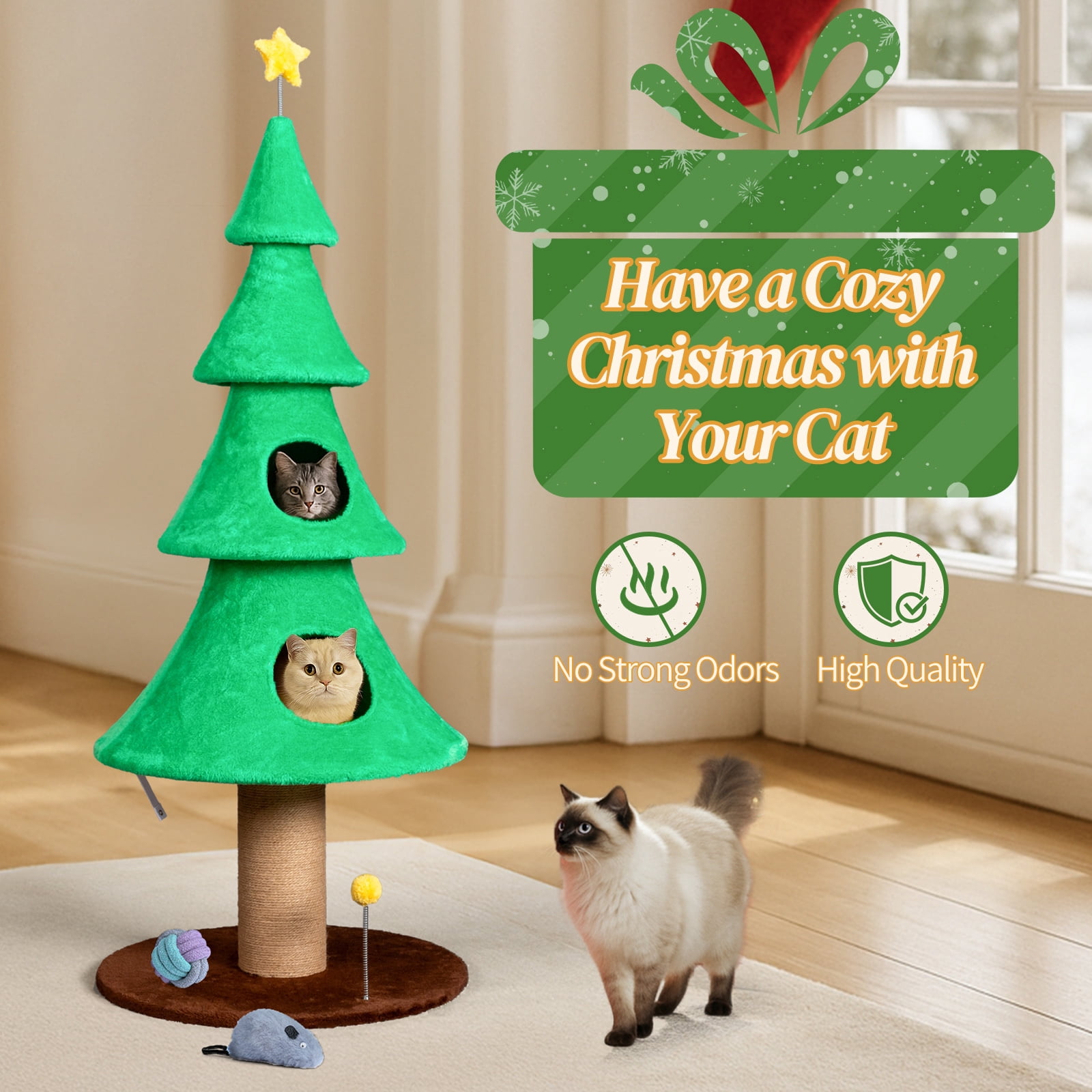 Zephypaws 59" Christmas Tree Cat Tower with 2 Cozy Condos, Plush Fleece Cover, Sisal Scratching Post, Hanging Toy Ball, Wide Stable Base & Multi-Level Openings, Holiday Cat Furniture, Green