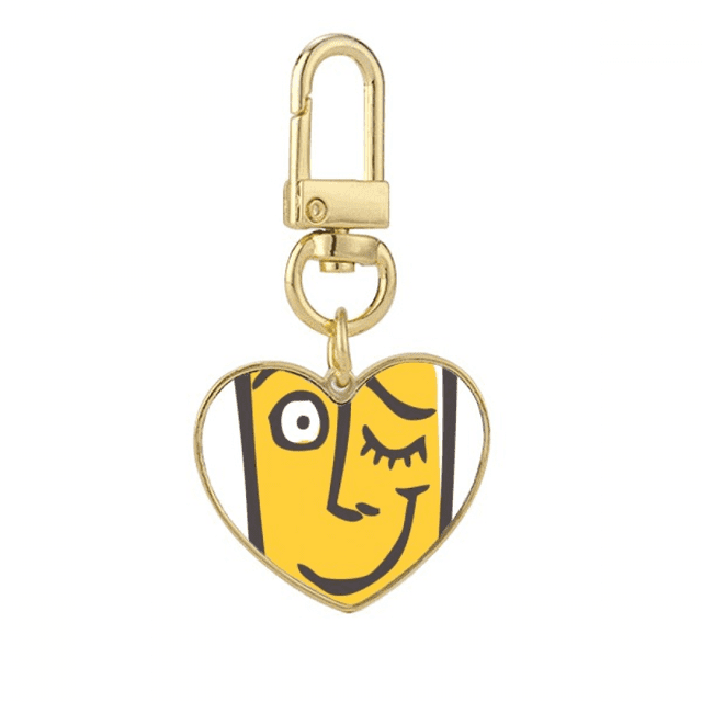 Wink Face Sketch Face Cartoon Gold Heart Keychain Metal Keyring Holder