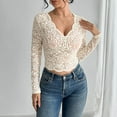 thumbnail image 2 of Abomasnow Spring Summer Blouses for Women Sexy Deep V Neck Long Sleeve Lace Sheer Tops Slim Fit Floral Mesh Cutout Going Out Tees Shirts, 2 of 7