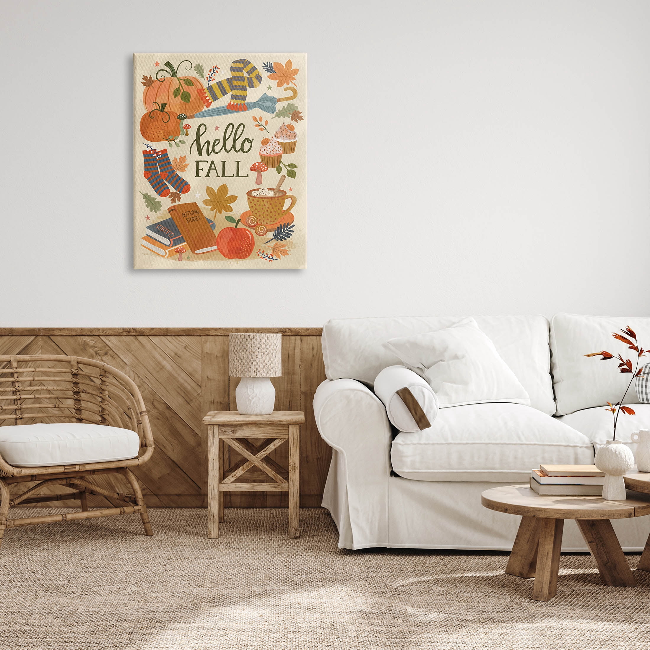 Hello Fall Cozy Autumn Items Holiday Graphic Art Gallery Wrapped Canvas Print Wall Art