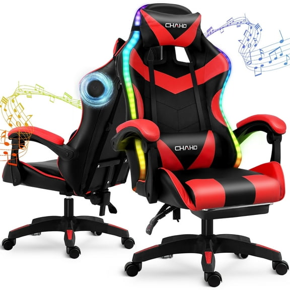 Ergonomic Gaming Chair, CHAHO Gaming Chair with Speaker & LED Lights, Computer Racing Chair for Adults, PU Leather Office Chair with Footrest Lumbar Support Headrest, Red