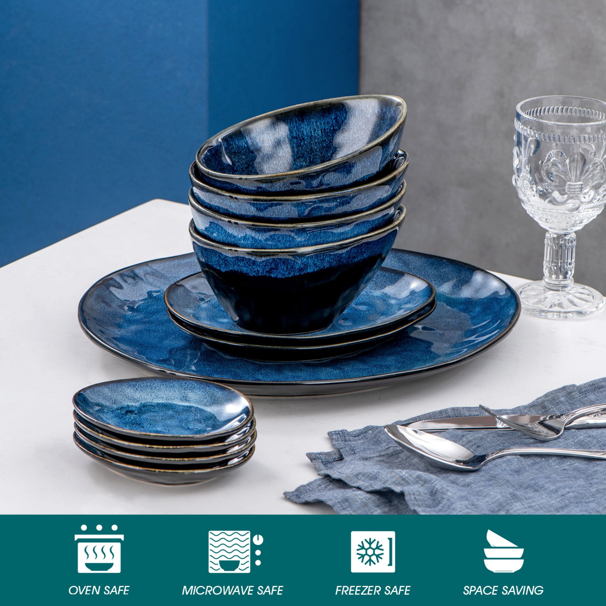 vancasso Starry 11 Pieces Blue Oval Stoneware Dinnerware Sets, Reactive  Change Glaze Serving Set with Serving Platter, Dessert Plate, Bowls and  Saucer 食器、グラス、カトラリー