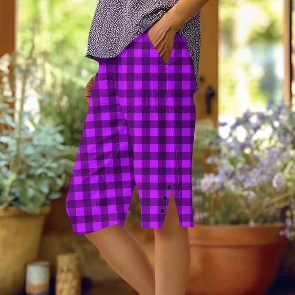 Makaor Long Shorts for Women with Pockets Button Mid Waist Straight Leg Long Short Elastic Waist Plaid Baggy Summer Outfits Purple 2XL