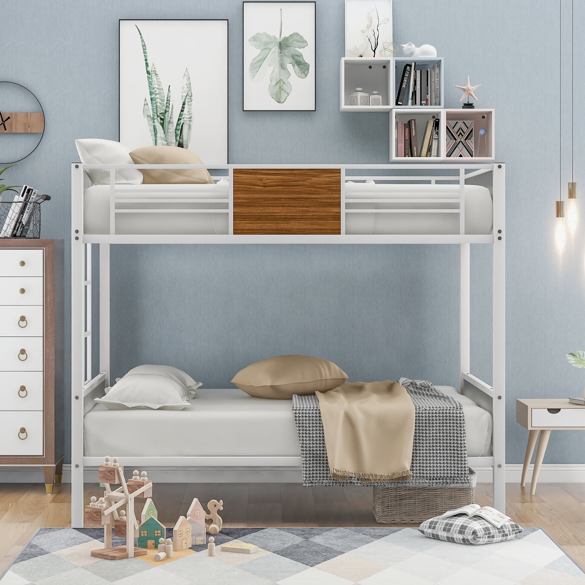 Kepooman Wood Bunk Bed Security, Full-Over-Full, White/Brown Kepooman Wood Bunk Bed Security, Full-Over-Full, White/Brown