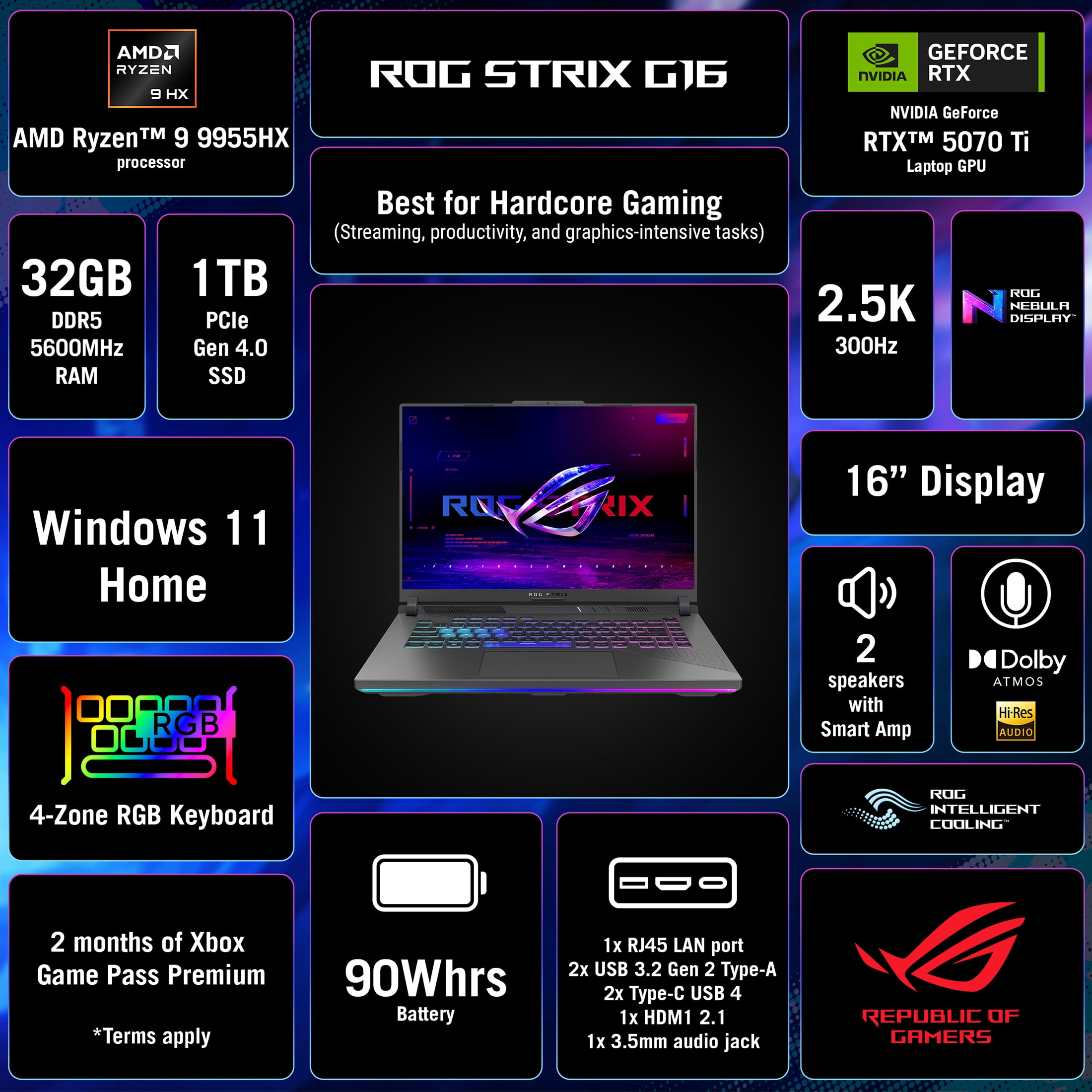 ASUS ROG Strix G16 (2026) Gaming Laptop, 16” 16:10 2.5K 300Hz, NVIDIA® GeForce RTX™ 5070 Ti, AMD Ryzen™ 9 9955HX Processor, 32GB DDR5-5600, 1TB PCIe Gen 4 SSD, 3 Months of Microsoft 365 Personal