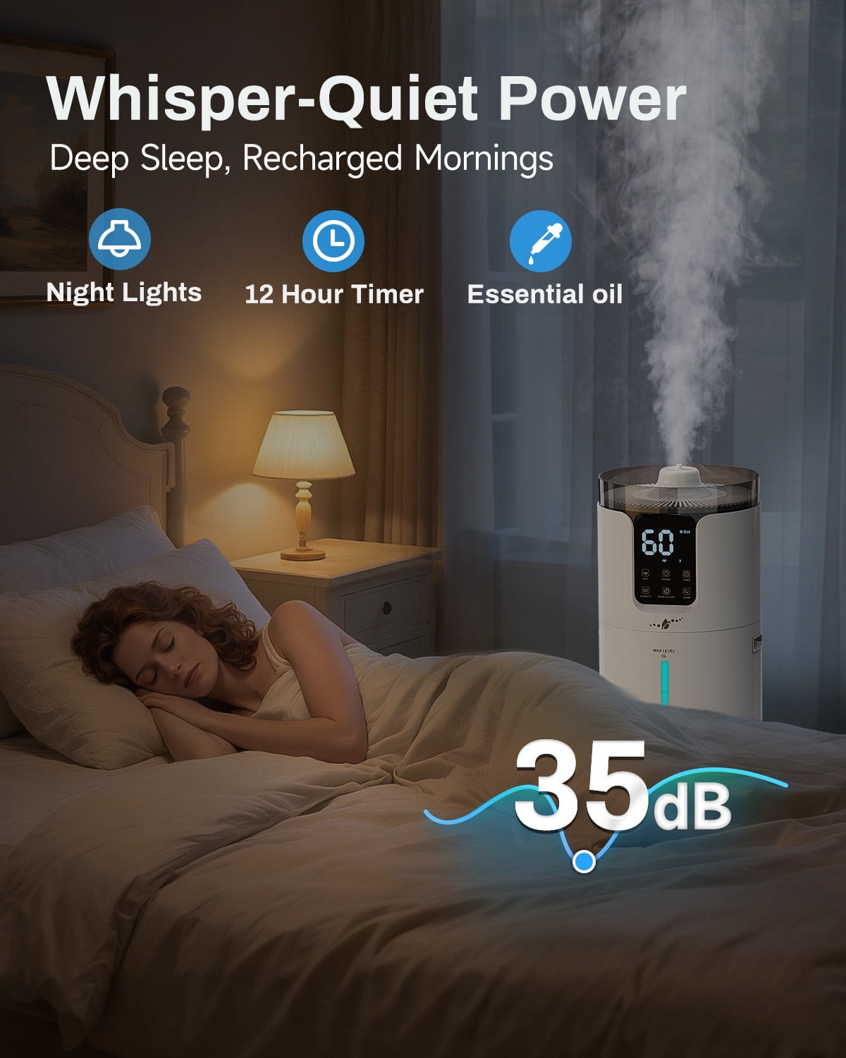Large Room Humidifier 4.2gal for Home Bedroom, Whole House Top Fill Cool Mist Humidifier with Touch & Remote Control, Lacidoll