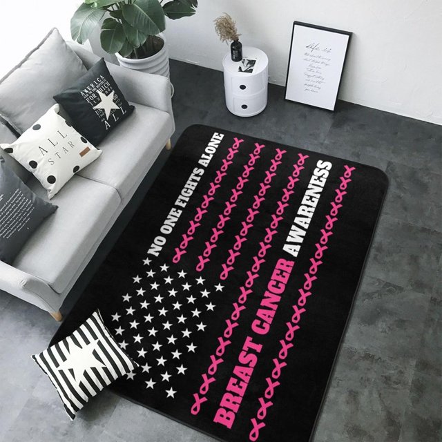 American Flag Fight Breast Cancer Awareness Rug for Living Room 80x58 Inch Bedroom Super Soft Flannel Fabric Carpet Room Decor Non-Slip Area Rug