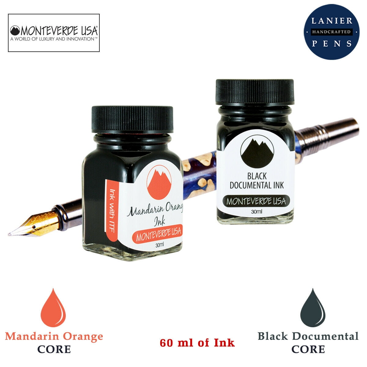 Monteverde 60ml Core Fountain Pen Ink Bottle (30ml Mandarin Orange Ink Bottle G309MO, 30ml Black Documental Ink Bottle G309DB)
