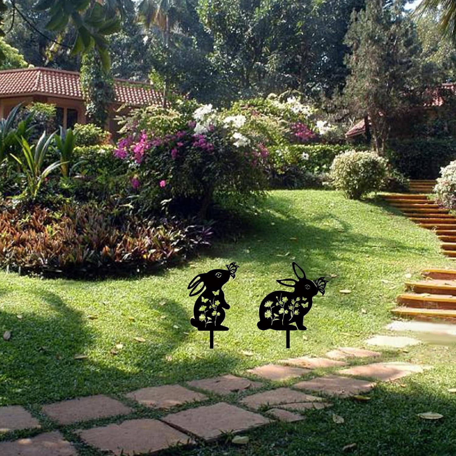 2Pcs Rabbit Metal Decor for Outside Black Rabbit Stake Rabbit Garden Decor Art Bunny Silhouette Statues Garden Decorative Ground Insert Lawn Ornaments for Outside Outdoor 9/12.4x11.8Inch