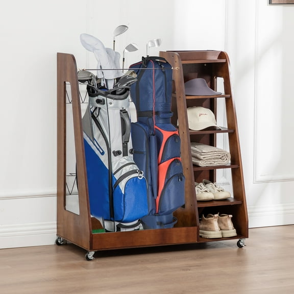 HUJHKIO Golf Bag Storage Organizer for Garage, Premium Wooden Golf Bags Rack with Wheels, Easy Assemble Golf Club Stand/Holder Suitable for Garage Home Simulator and Office, Brown