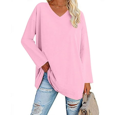 

OKBOP Breast Cancer Scrub Tops Women Casual V-Neck Long Sleeve Solid Loose Shirt Green Blouses For Women Breast Cancer T- Shirt