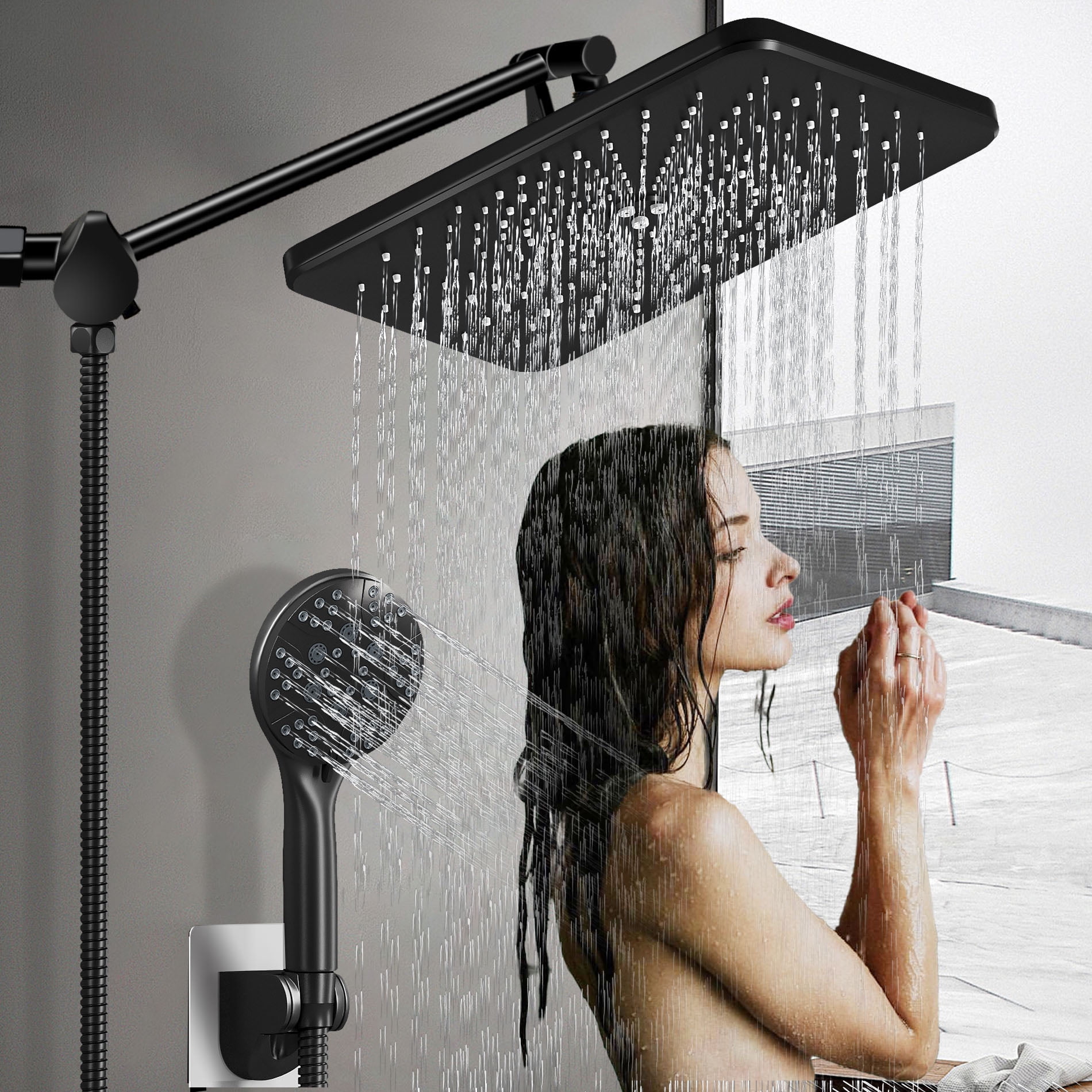 5-Setting High Pressure Shower Head 12 inch Rain Shower Head with Handheld and Hose Black