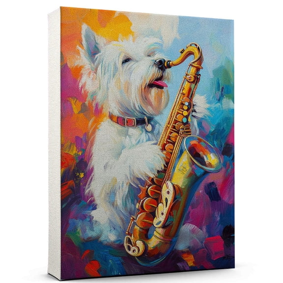 Sealyham Terrier Dog Playing Saxophone Stretched Canvas Size 8x12 – Vintage Style Sealyham Terrier Dog Art for Saxophone Fans, Great Gift for Dog Owners