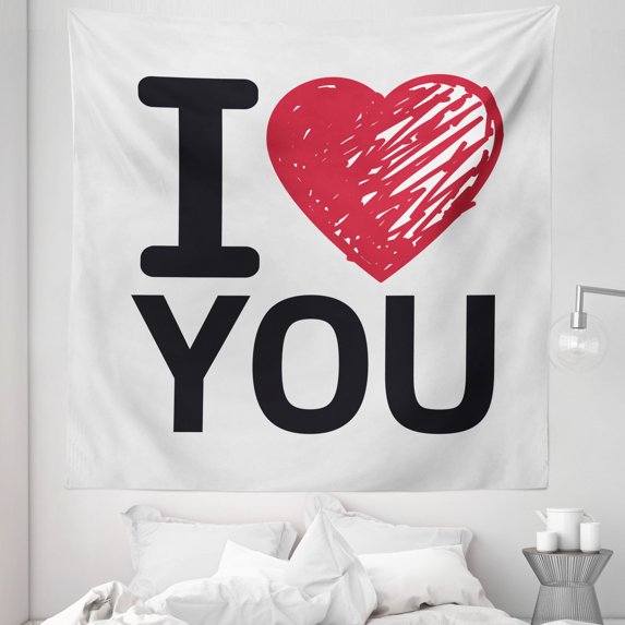 I Love You Tapestry, Simplistic Love You Calligraphy Wedding Lovers Relationship Illustration, Fabric Wall Hanging Decor for Bedroom Living Room Dorm, 5 Sizes, Red Charcoal Grey, by Ambesonne