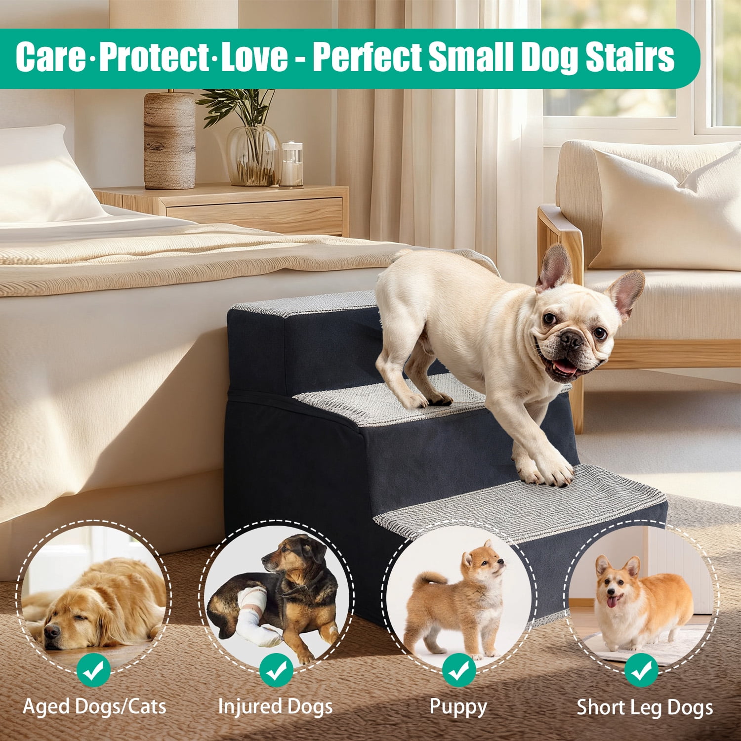 3-Step High Density Foam Pet Stairs, 13.6" H Non Slip Dog Steps for Small Medium Dogs Cats, Removable Washable Cover Indoor Climbing Ladder, Pet Ramp for Bed Couch Chair