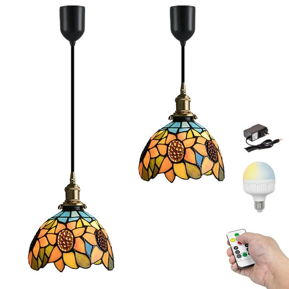 Kiven Battery Operated Pendant Light with Remote, Rechargeable Hanging Pendant Light Adjustable Height with Antiqued Glass Lampshade for Kitchen Bedroom Living Room Home Decor(Set of 2)