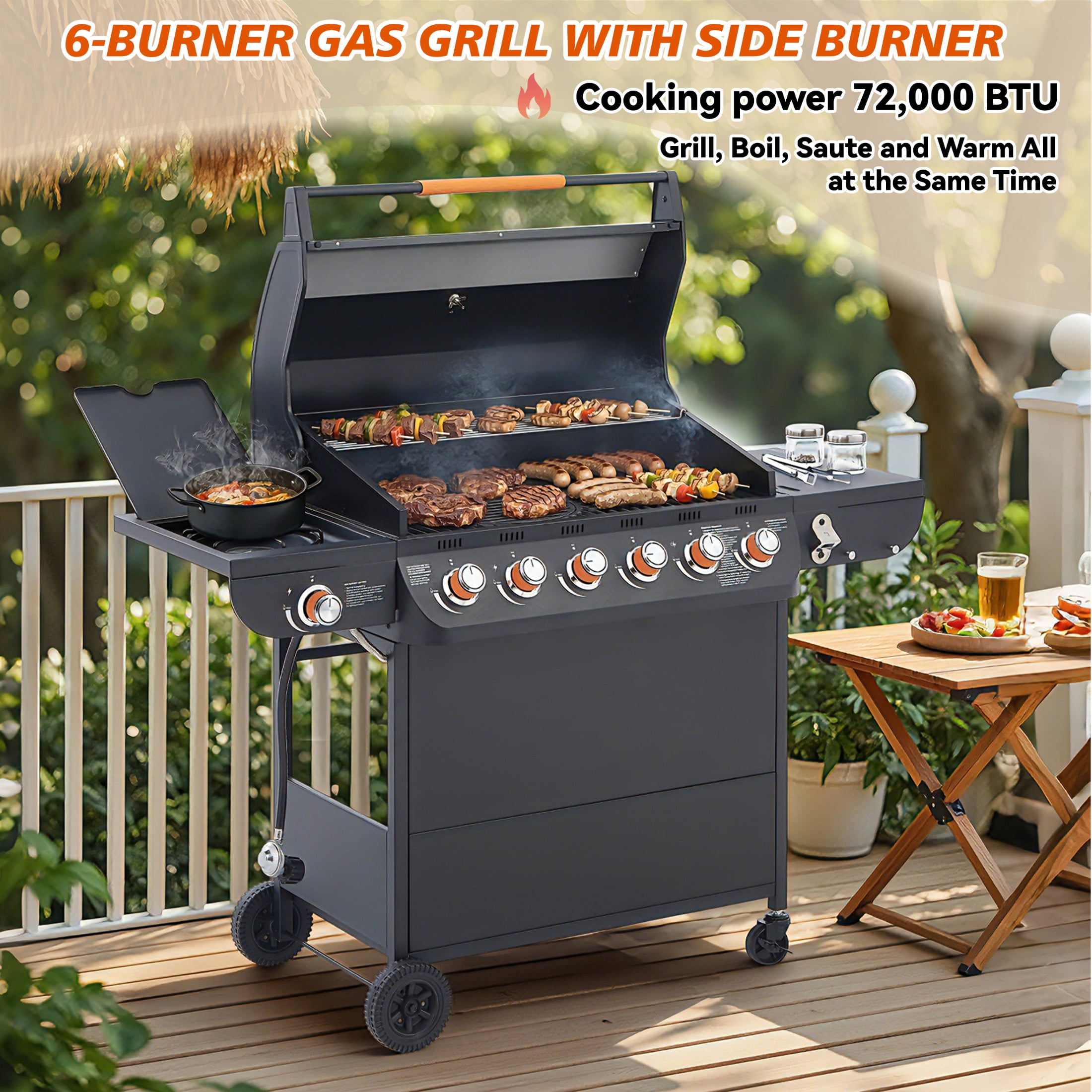6 Burner BBQ Propane Gas Grill with Side Burner 72000 BTU Output Stainless Steel Barbecue Grill with Cast Iron Grates and Side Tables for Outdoor Cooking Kitchen and Patio Backyard