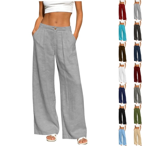 Fengactive Womens Elastic Back Waist Linen Blend Wide Leg Pants Button Zip Solid Straight Trousers with Side Pockets For Daily Casual Outfits