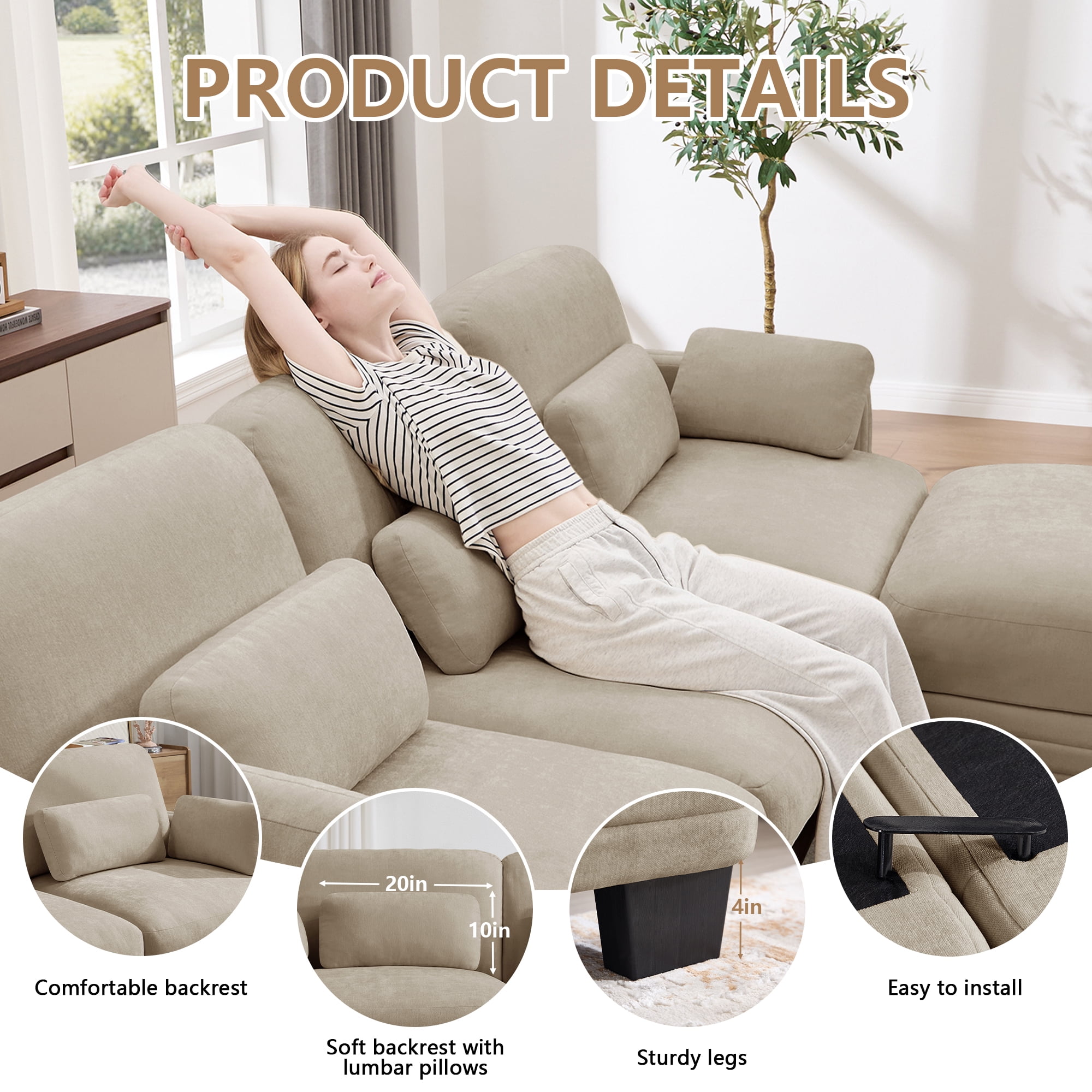 130" L Shape Modern Modular Sectional 4 Seater Sofa Couch with Movable Ottoman and 6 Pillows