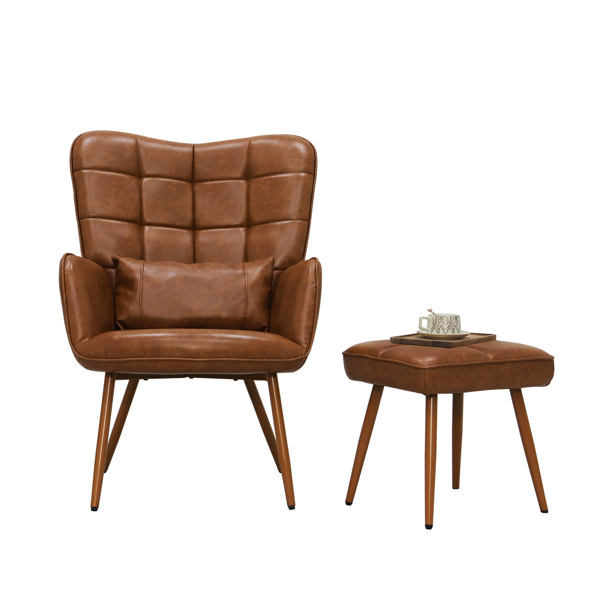 Abble Faux Leather Accent Chair with Ottoman and Toss Pillow for Living Room, Bed Room, Brown