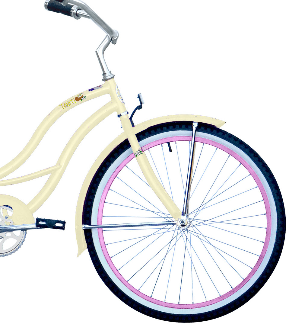 WonderWheels 26" Beach Cruiser Coaster Brake Stainless Steel Spokes One Piece Crank Alloy Pink Rims 36H W/ Fenders - Vanilla/ Pink