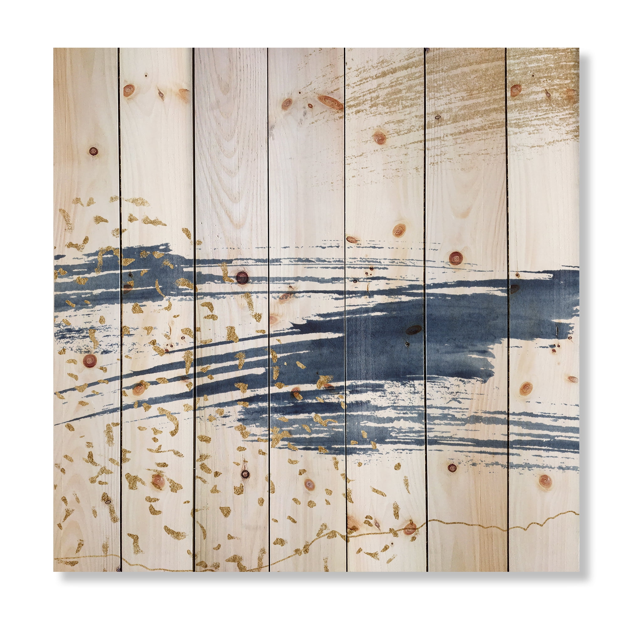 Designart 'Gold and Dark Blue and Abstract I' Modern Print on Natural Pine Wood