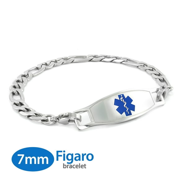 MedicEngraved Chirurgical 316L en Acier Inoxydable ID Médical 7mm Lien de Figaro Bracelet avec Émail Étiquette Médicale - Gravure Médicale Incluse