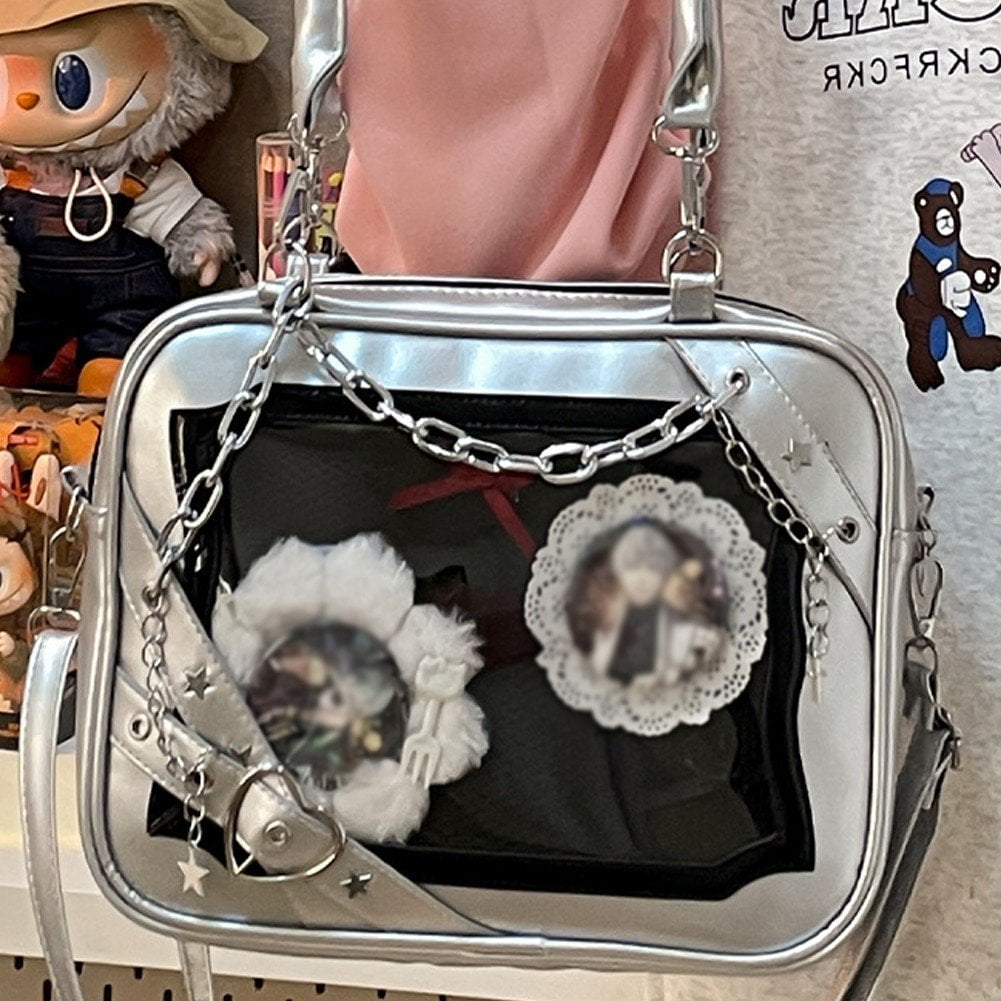 Hzzsbu Y2K Ita Bag with Display Window, Star & Heart Crossbody Purse with Metal Chain
