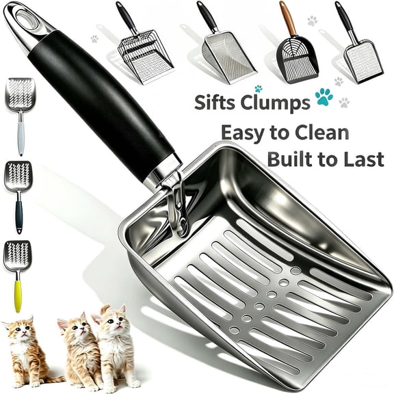 Cat Litter Scoop, Stainless Steel Sifter, Kitty Metal Scooper, Deep Shovel, Long Handle, Poop Sifting, Kitten Pooper Lifter, Durable, Heavy Duty, for Litter Box _ A