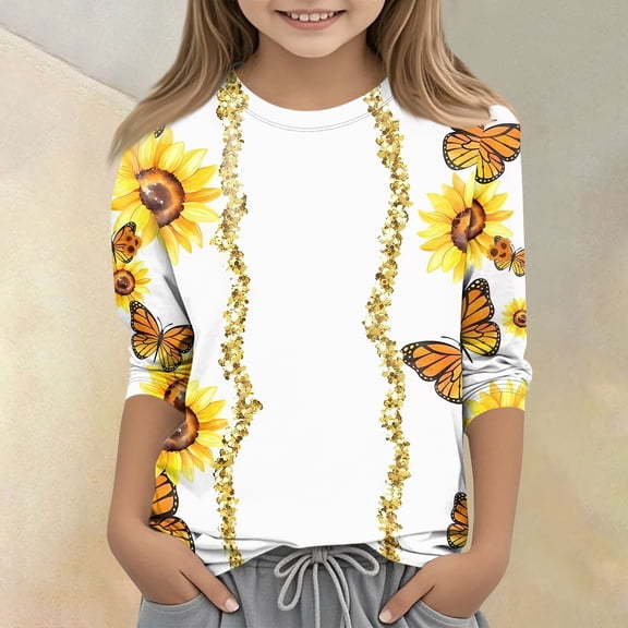 CCRFTGI Cute Teen Girl Shirts 10-12 Summer 3/4 Sleeve Sunflower Graphic Printed Tee Shirts Casual Loose Comdy Tween Girls Trendy Clothes Crew Neck Shirts White 7-8 Years
