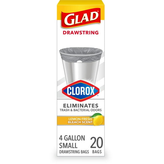 Glad Small Drawstring Trash Bags with Clorox, 4 Gallon - Lemon Fresh Bleach Scent - 20 ct
