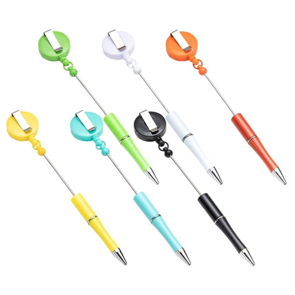 6Pcs Beaded Ballpoint Pen with Badge Reel Retractable Badge Holder with Clip