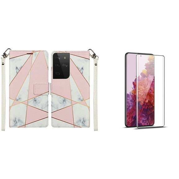 Bemz Pocket Wallet Case for Samsung Galaxy S21 Ultra with (2 Pack) Tempered Glass Screen Protectors and Touch Tool - Pink Marble