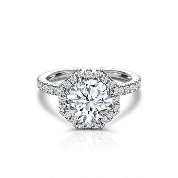 Octagone Halo Women's Engagement Ring, Solitaire With Accents Wedding Ring, 2.1 Ct Simulated Round Cut Diamond, 14K White Gold Plated, Promise Proposal Anniversary Ring For Her