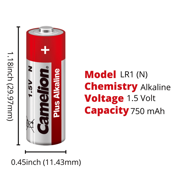Camelion LR1 Plus Alkaline Battery 1.5V Volt Size N E90, High Energy  Batteries, Long Lasting Power, Anti-Leak, 12 Count 