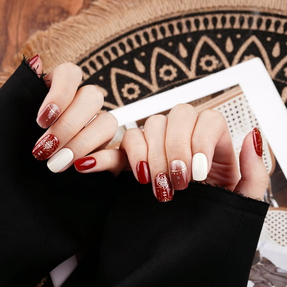 DANNI & TONI Semi Cured Gel Nail Strips Wine Red (Flower Blaze) Deep Red White Gradient Gel Nail Stickers Flower Gel Nail Wraps 28 Stickers