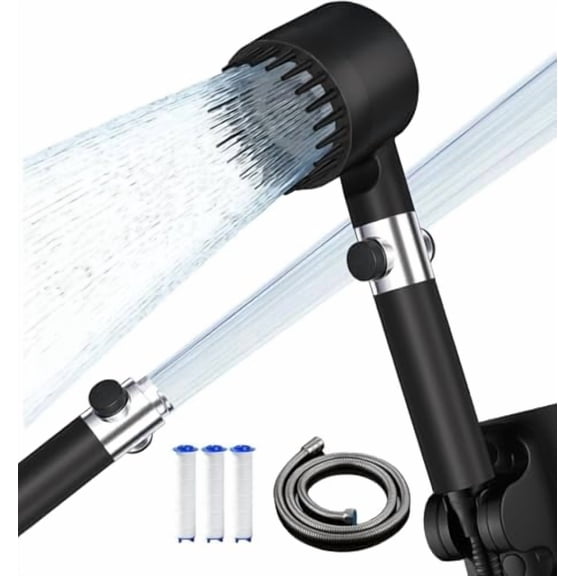 High Pressure Filtered Shower Head with 59-inch Hose, 3 Filter Cartridges and Wall Holder, on/off Switch, 4 Modes, Black