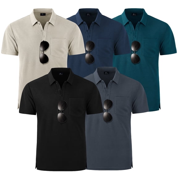 SPEEDRUN 5 Pack Polo Shirt with Pocket for Men's and Big Men's, Comfort Collar Casual Golf Short Sleeve Polo Shirts with Sunglasses Loop, Sizes XL