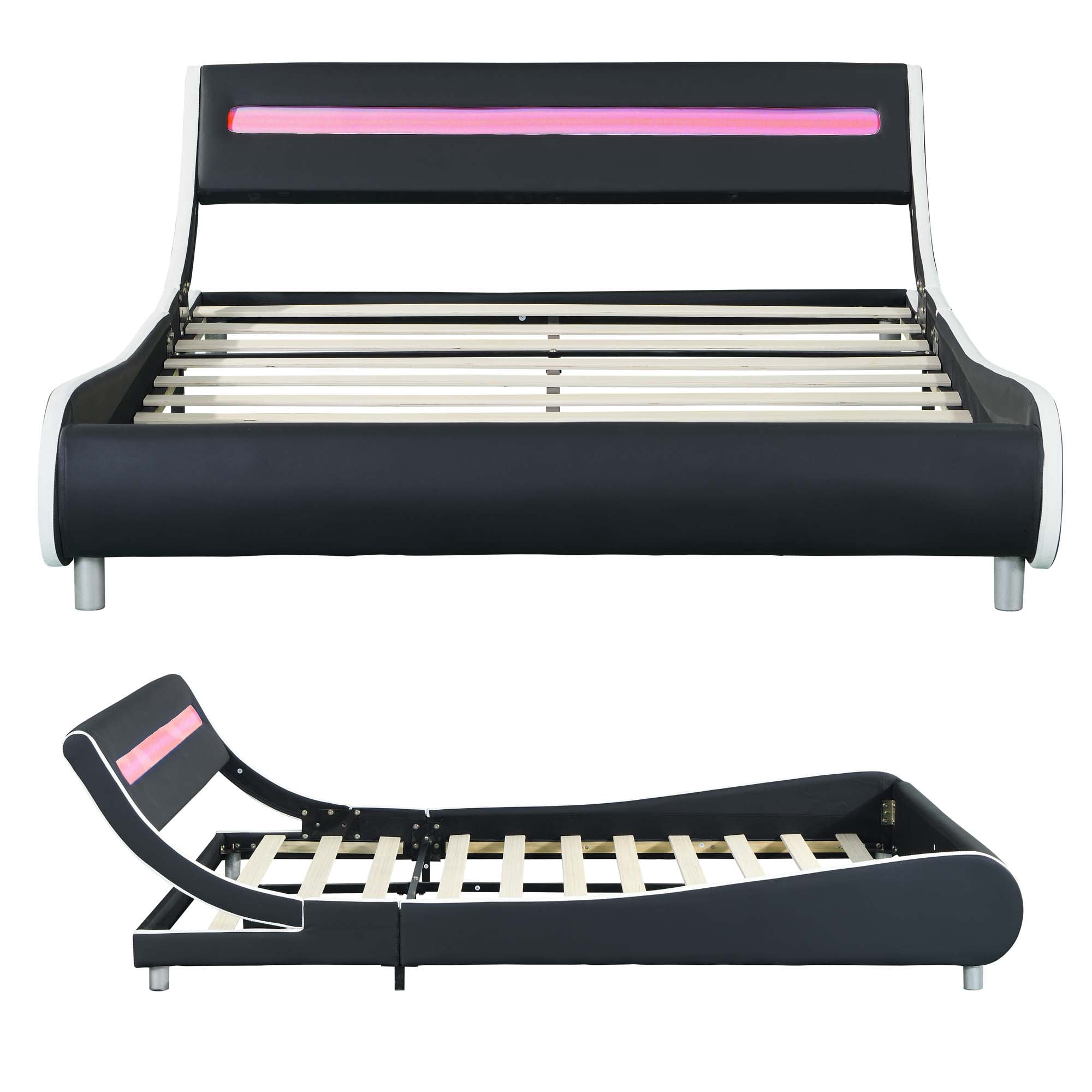 Aukfa Upholstered LED Bed Frame, Faux Leather Queen Platform Bed with 16 LED Light Headboard - Black/White