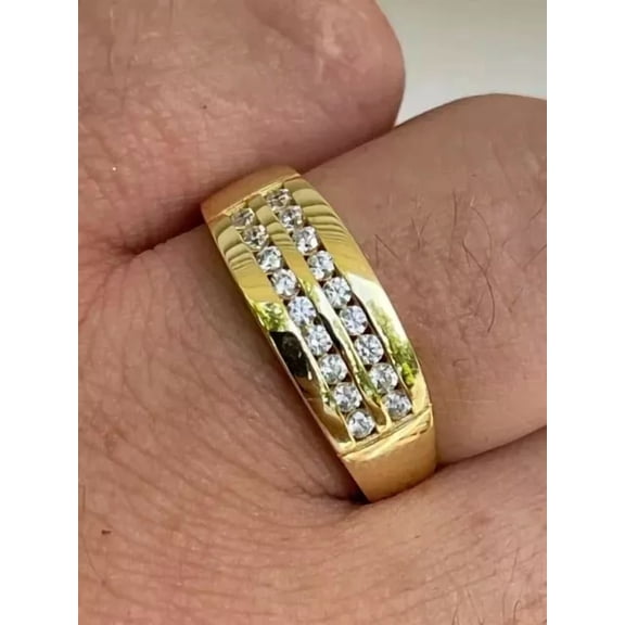 2Ct Round Cut Real Moissanite Men's Wedding Two Row Band Ring 14K Yellow Gold Plated Silver