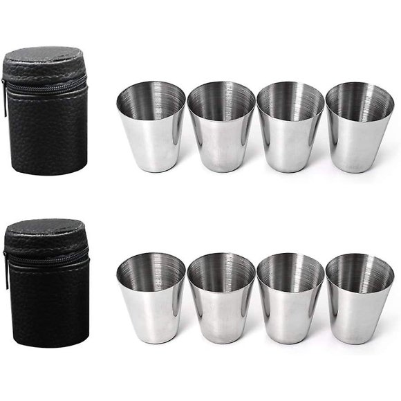 Stainless Steel Cups, Set of 8 Schnapps Glasses Metal Hip Flask Cups with Leather Bag Shot Glasses