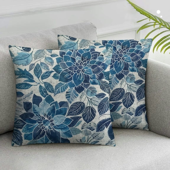 JRXY Dahlias Flowers Pillow Covers, Summer Navy Blue Outdoor Decorative Throw Pillow Covers Geometry Modern Farmhouse for Couch Sofa Home Decor,Set of 2 White