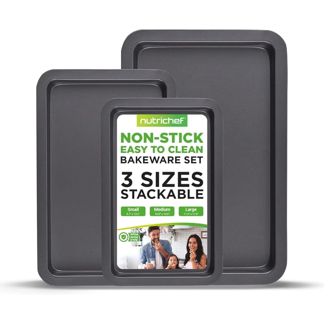 NutriChef, Plaque de Cuisson, Moule à Pâtisserie, Plaques à Biscuits, Ensemble de Cuisson, Plateau de Cuisson, Moule à Feuilles, Antiadhésif, Qualité Professionnelle, Ensemble de 3 Pcs, Empilable, Noir