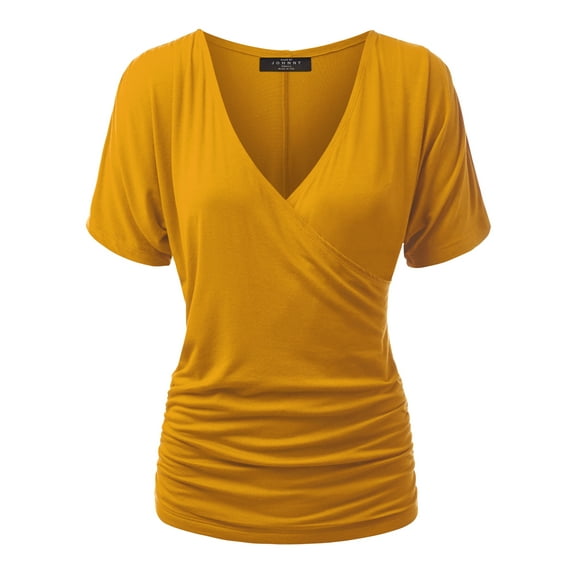 Made by Johnny Women's V Neck Short Sleeve Wrap Front Drape Dolman Top M MUSTARD