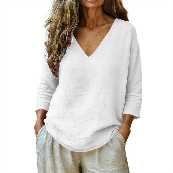 BUIGTTKLOP Cotton Linen 3/4 Length Sleeve Womens Tops Casual V Neck Tops Lightwieght Loose Fitted Blouses
