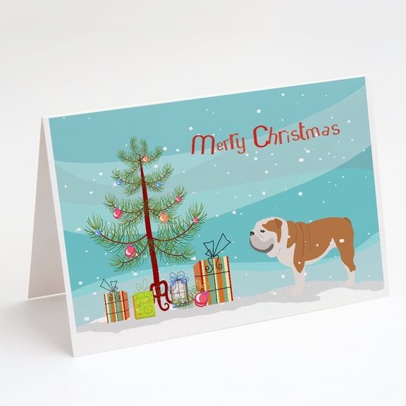 English Bulldog Merry Christmas Tree Greeting Cards and Envelopes Pack of 8