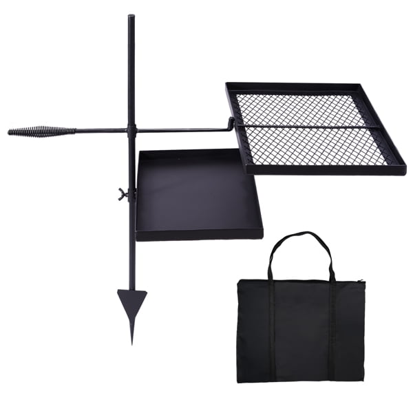 Swivel Campfire Grill Skillet Combo, Portable Heavy Duty Camping Grill Grate with Height Adjustable Grill Grate and Grill Pan and Carry Bag, Black