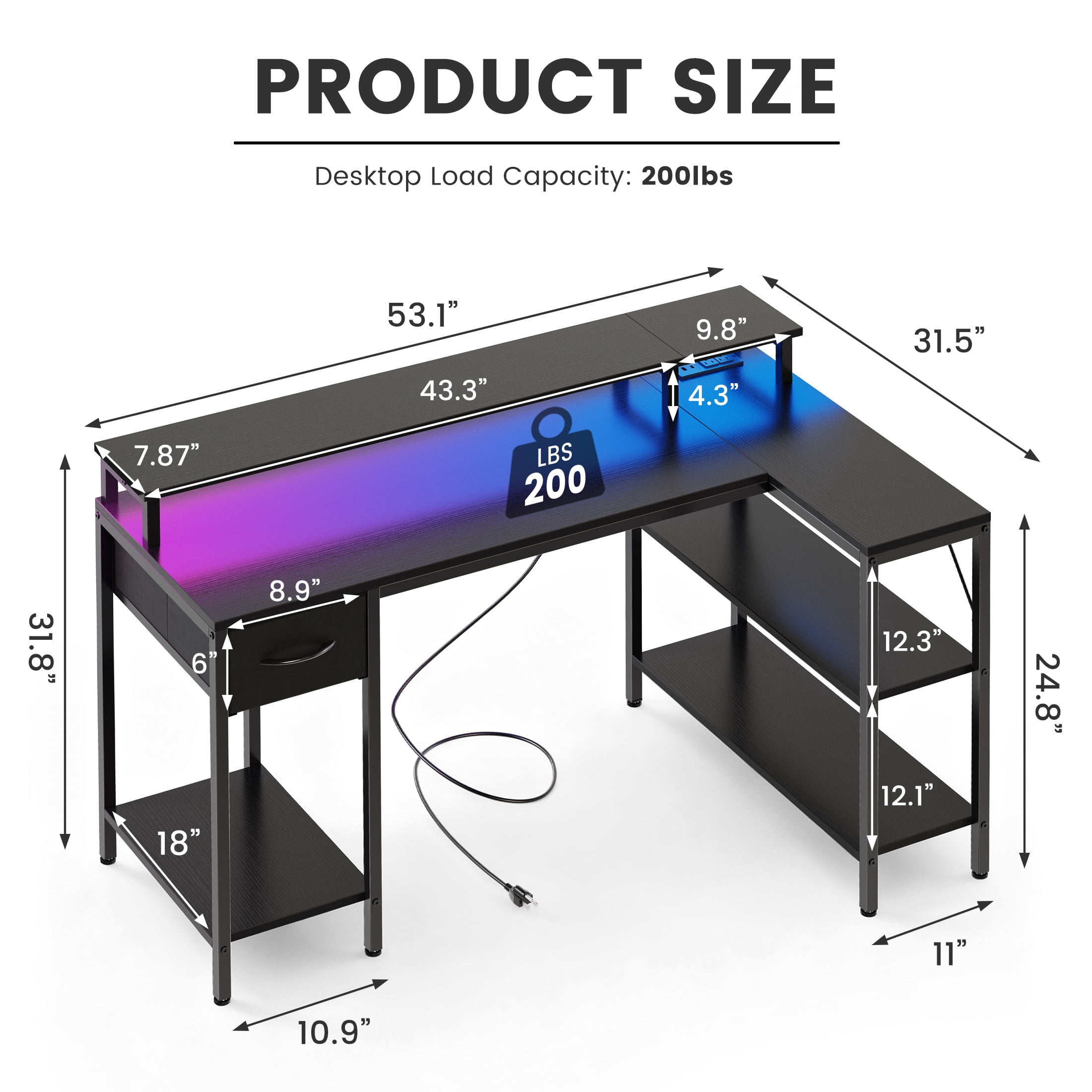 CONCETTA 53 inch L-Shaped Gaming Desk, Reversible Design with LED Lighting, Power Outlets and Double-Tier Storage, Black for Home Office