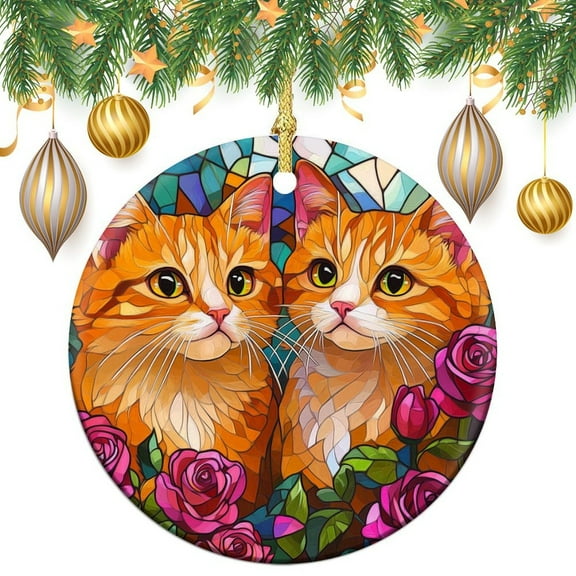 Ceramics Ornaments Cat Stained Glass Ceramic Double Sided Tree Xmas Ornament Two Orange Cats Christmas Tree Decoration Indoor Outdoor Yard for Family Friend