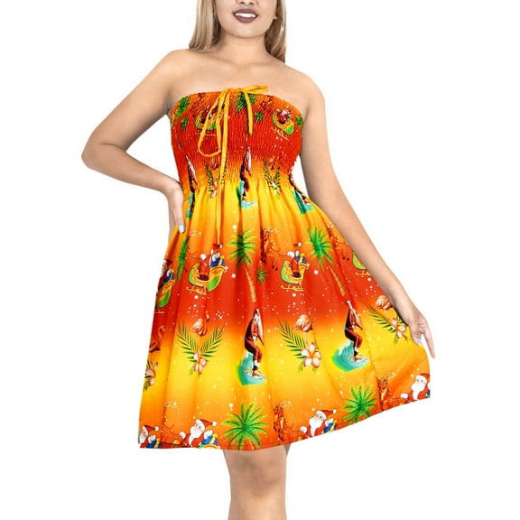 HAPPY BAY Women's Casual Beach Christmas A line Slit Smocked Mini Dresses Tube Top Evening Short Strapless Santa Dress for Women L-XL Apricot, Palm Tree